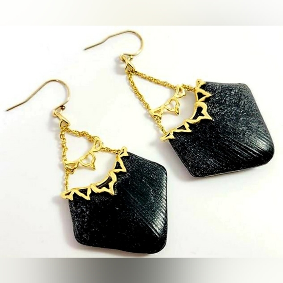 Alexis Bittar Jewelry - Alexis Bittar Beautiful Black and Golden Hand Carved Lucite Earrings